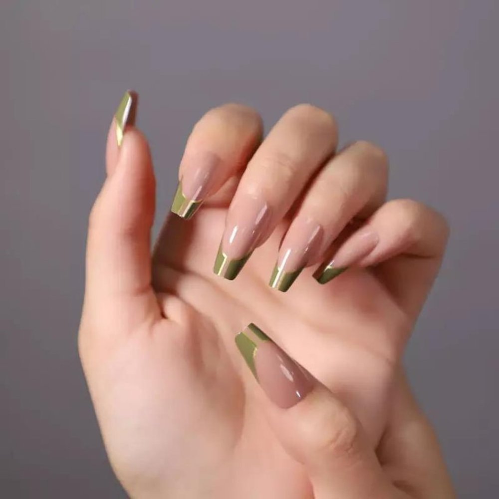 24 pcs Green Gold Coffin Press On Nails | Long Press On Nails | Fake Nails